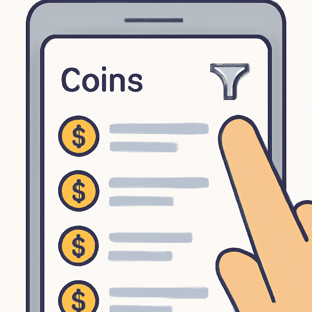A close-up of a mobile app screen showing a filter (funnel) icon being tapped, with a list of coins in the background.