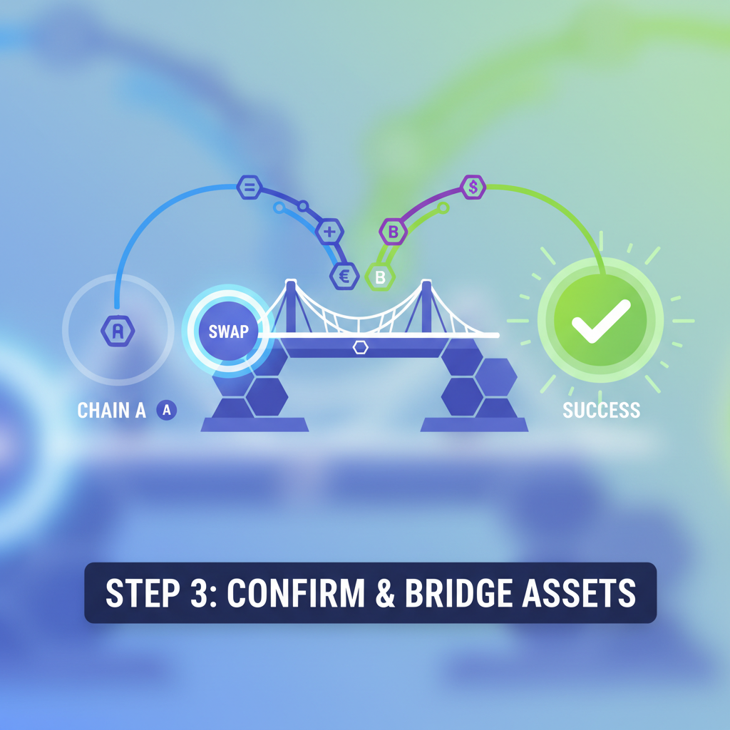 confirm swap button pressed, transaction animation cross-chain bridge, success checkmark, vibrant success UI