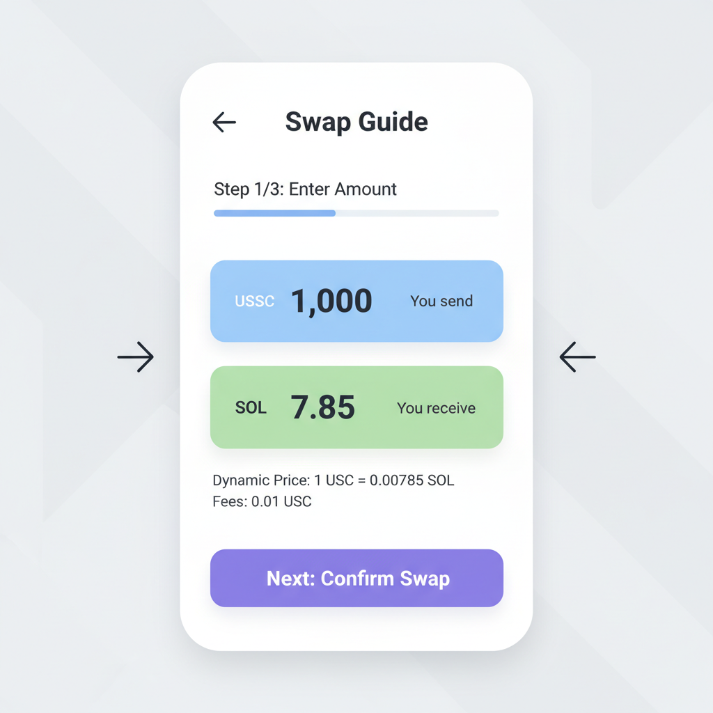 swap input field with USDC amount entered, quote showing output SOL, dynamic pricing display, mobile-friendly UI