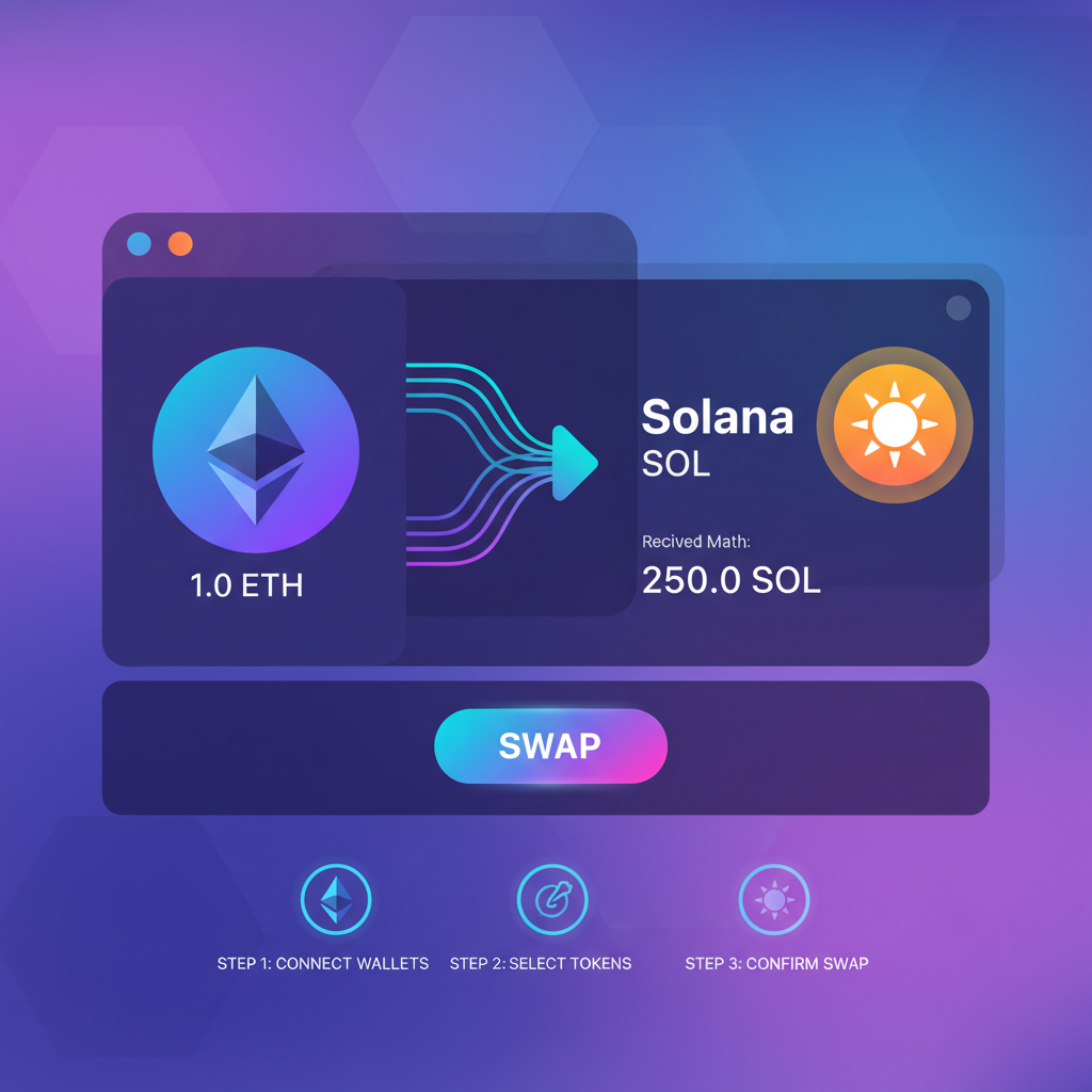 cross-chain swap UI, destination Solana SOL selected, liquidity paths visualized, futuristic gradient UI