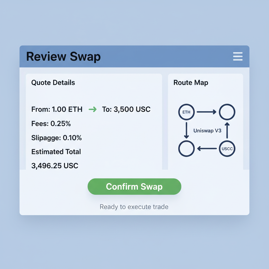 swap review screen, quote details fees slippage route map, confirm button ready, professional dashboard look