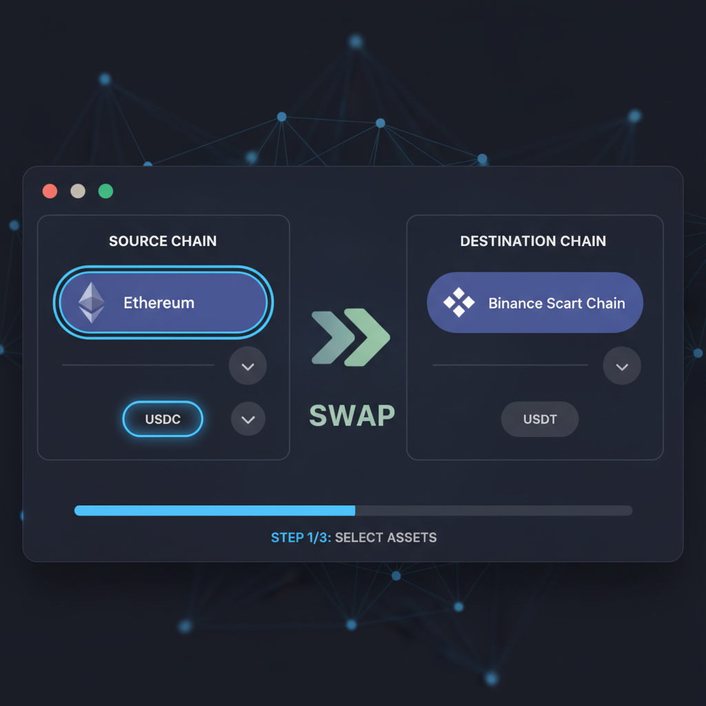 wallet swap interface, source chain selector Ethereum USDC highlighted, cross-chain dashboard, sleek design