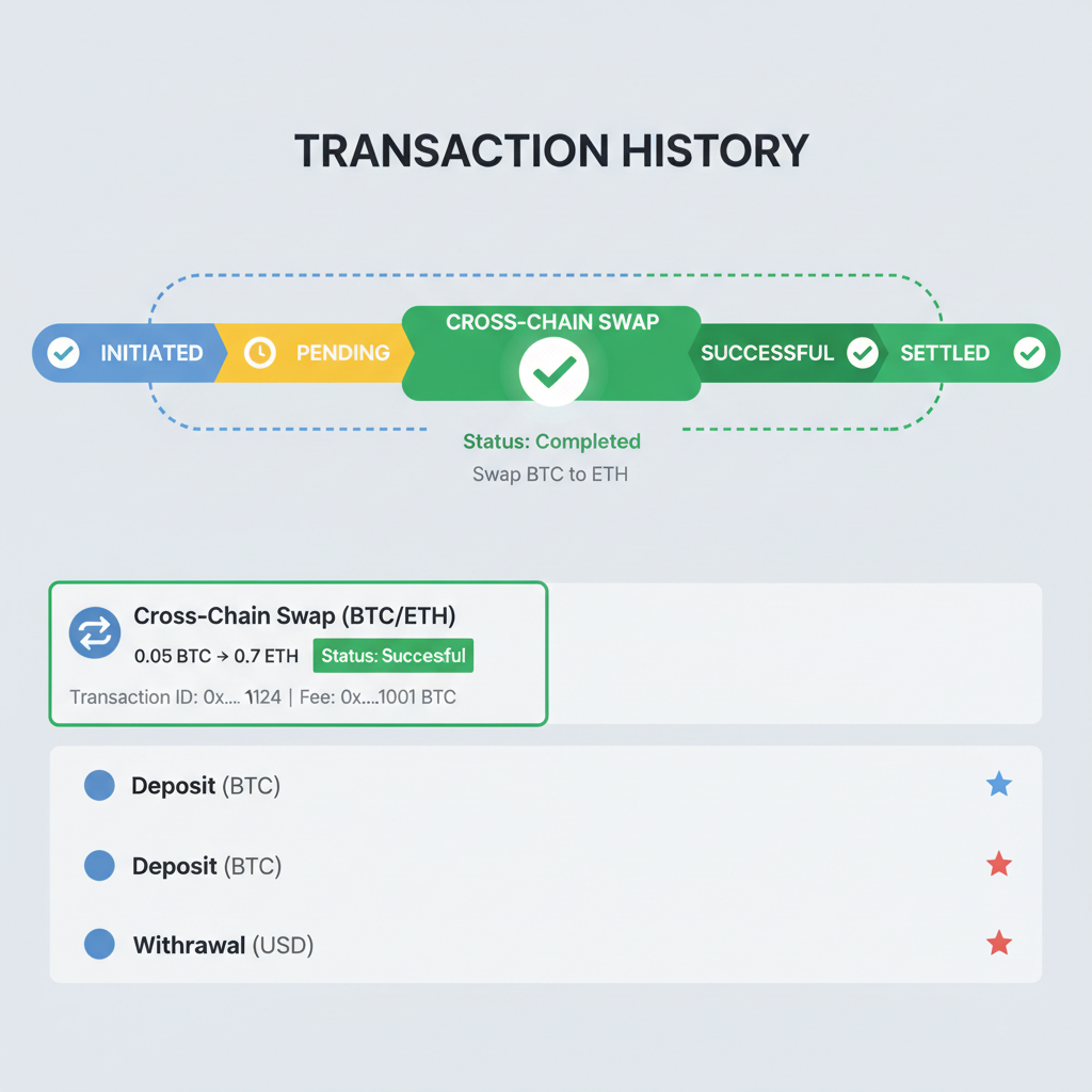 transaction history panel, successful cross-chain swap tracked, status green check, timeline view UI