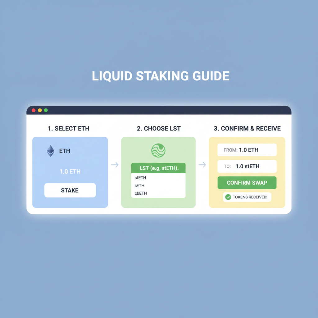ETH converting to LST tokens in DeFi wallet interface, liquid staking process visualization