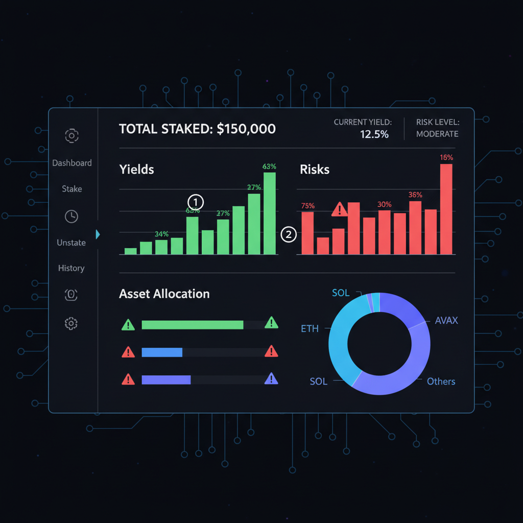 Dashboard monitoring restaking portfolio, charts of yields and risks, dark mode tech interface