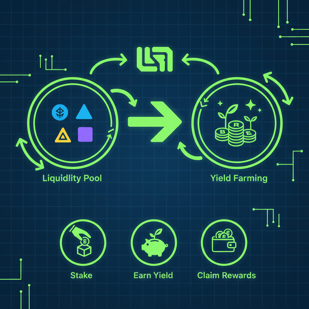 LRT tokens circulating in DeFi ecosystem, liquidity pools and yield farming, neon green accents