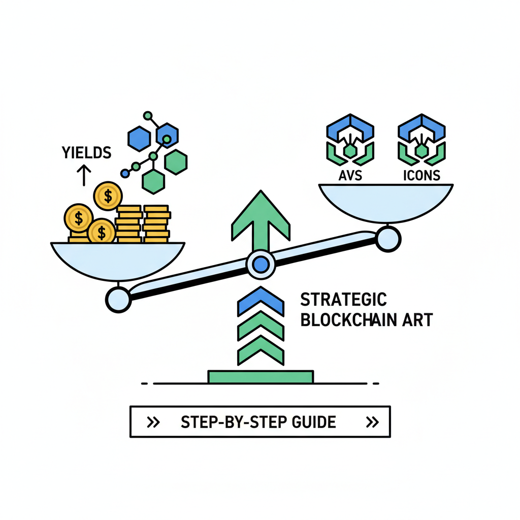 Portfolio rebalancing scales tipping yields, AVS icons balancing, strategic blockchain art