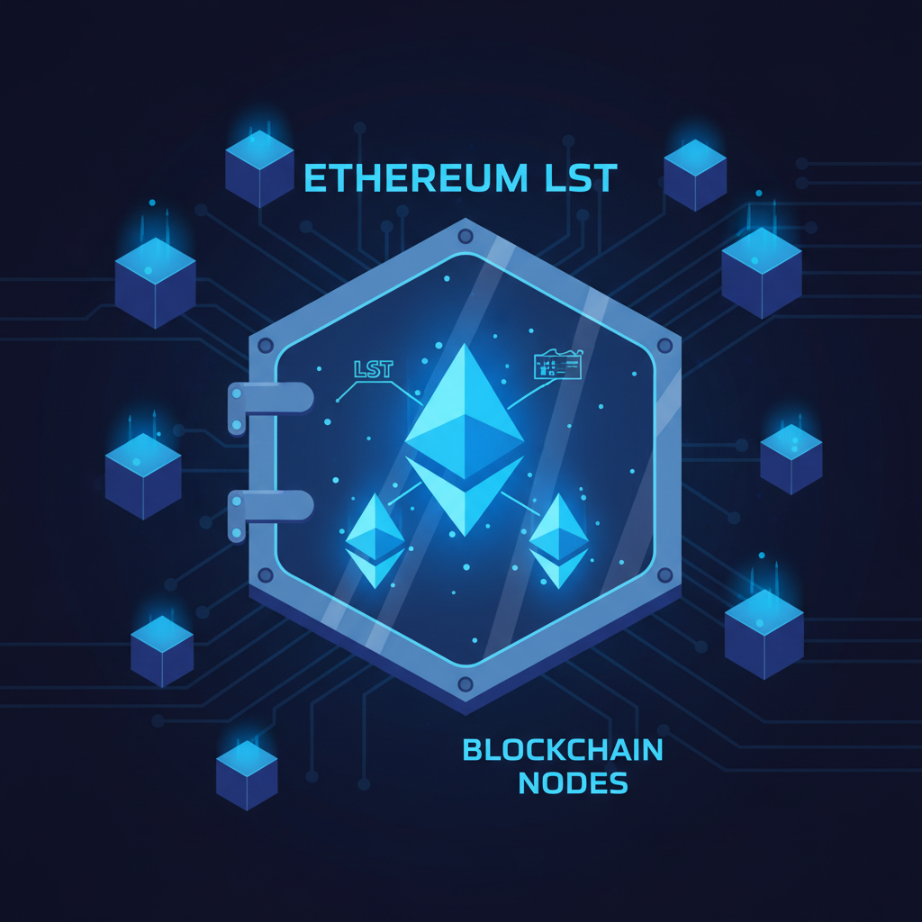 Ethereum LST tokens glowing in a secure vault, blockchain nodes connecting, blue cyberpunk tones