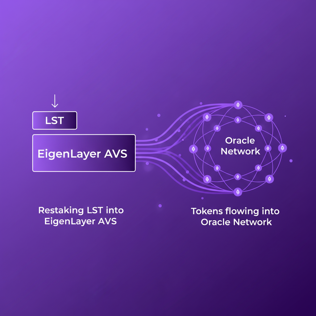 Restaking LST into EigenLayer AVS, tokens flowing into oracle network, vibrant purple hues