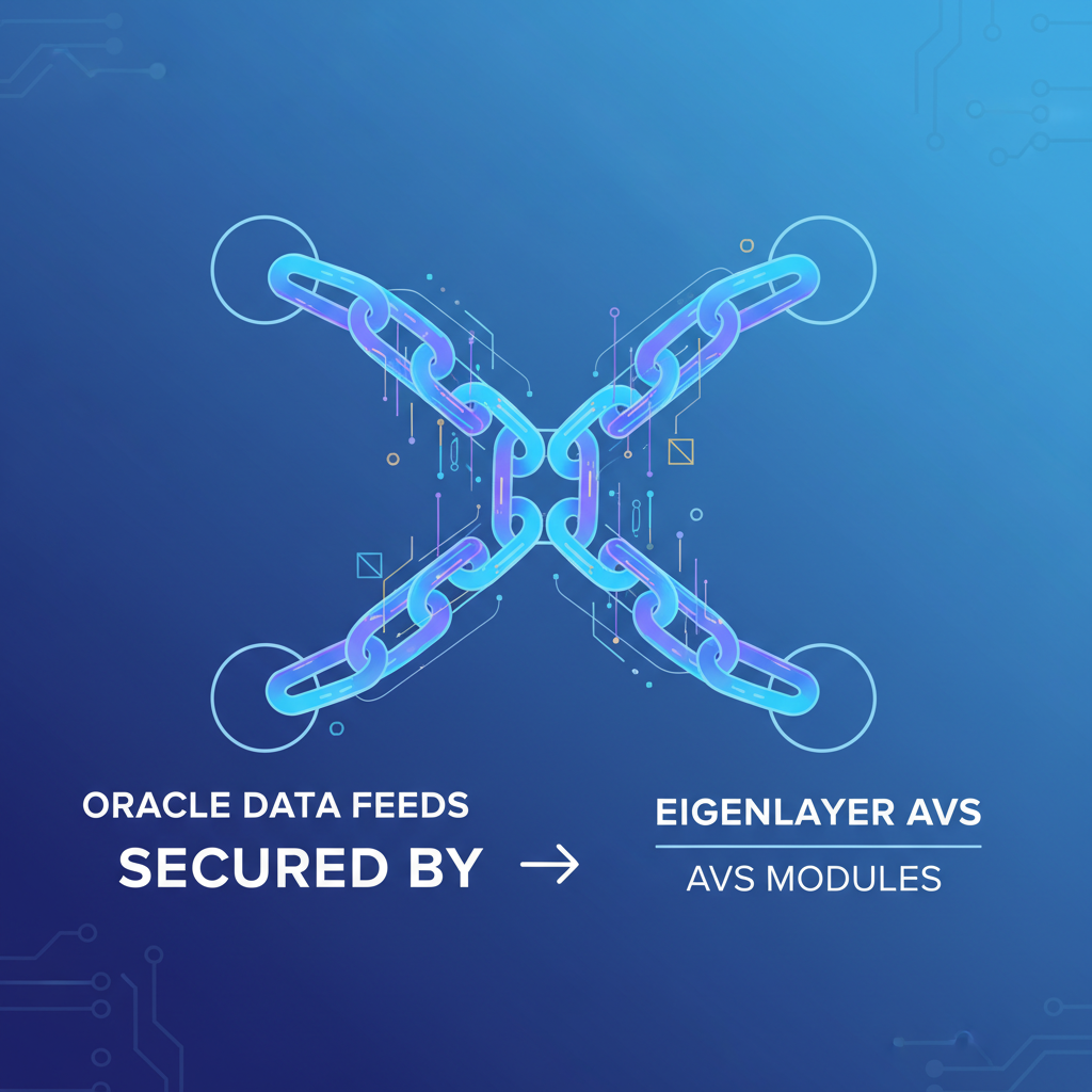 Oracle data feeds secured by EigenLayer AVS, glowing chains linking nodes, futuristic data streams