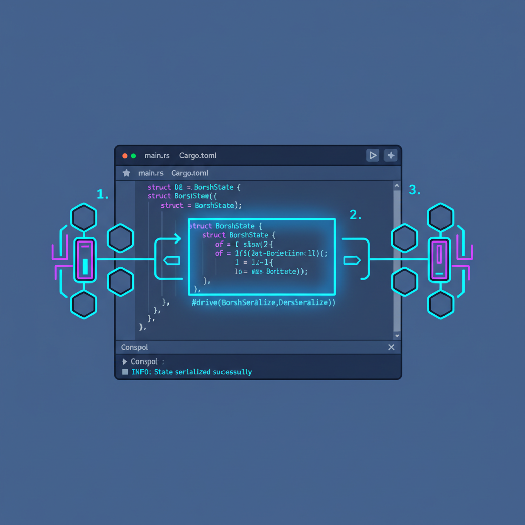 rust code editor with glowing borsh serialized state struct, futuristic blockchain modules, energetic neon blues