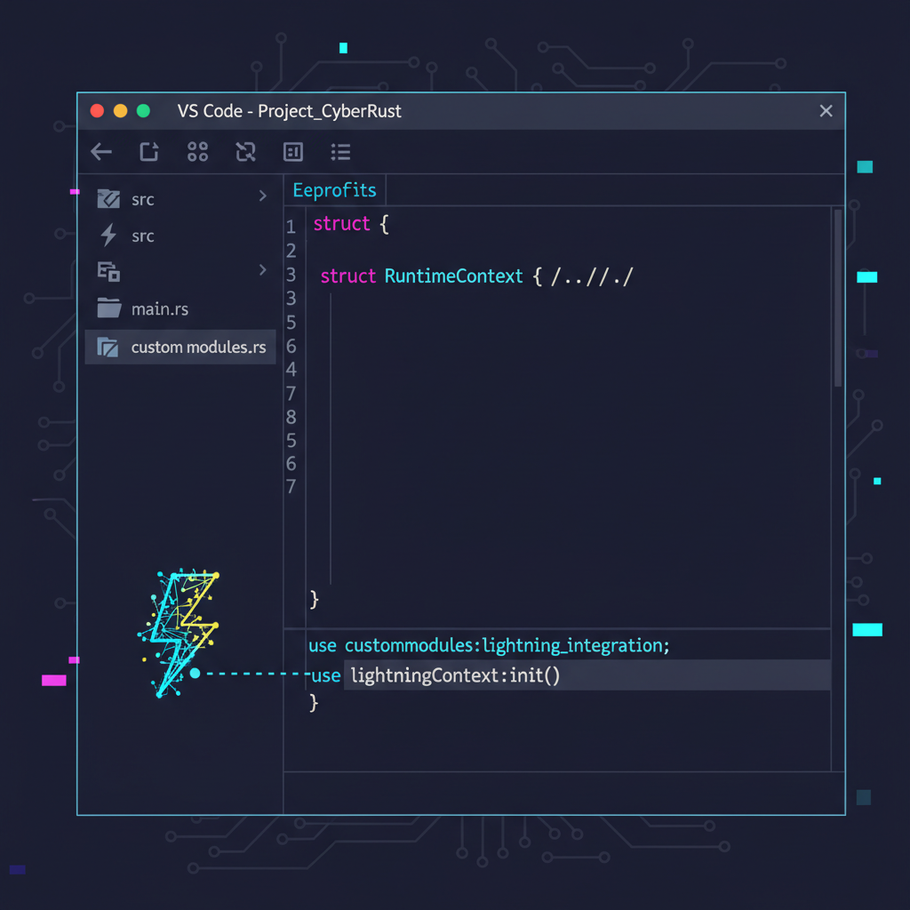 rust runtime struct in vs code, adding custom module with lightning bolt integrations, cyberpunk style