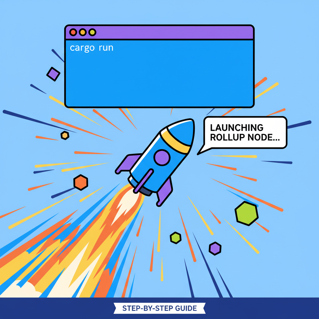 terminal running cargo run command, rollup node launching with explosion of speed lines, vibrant energy