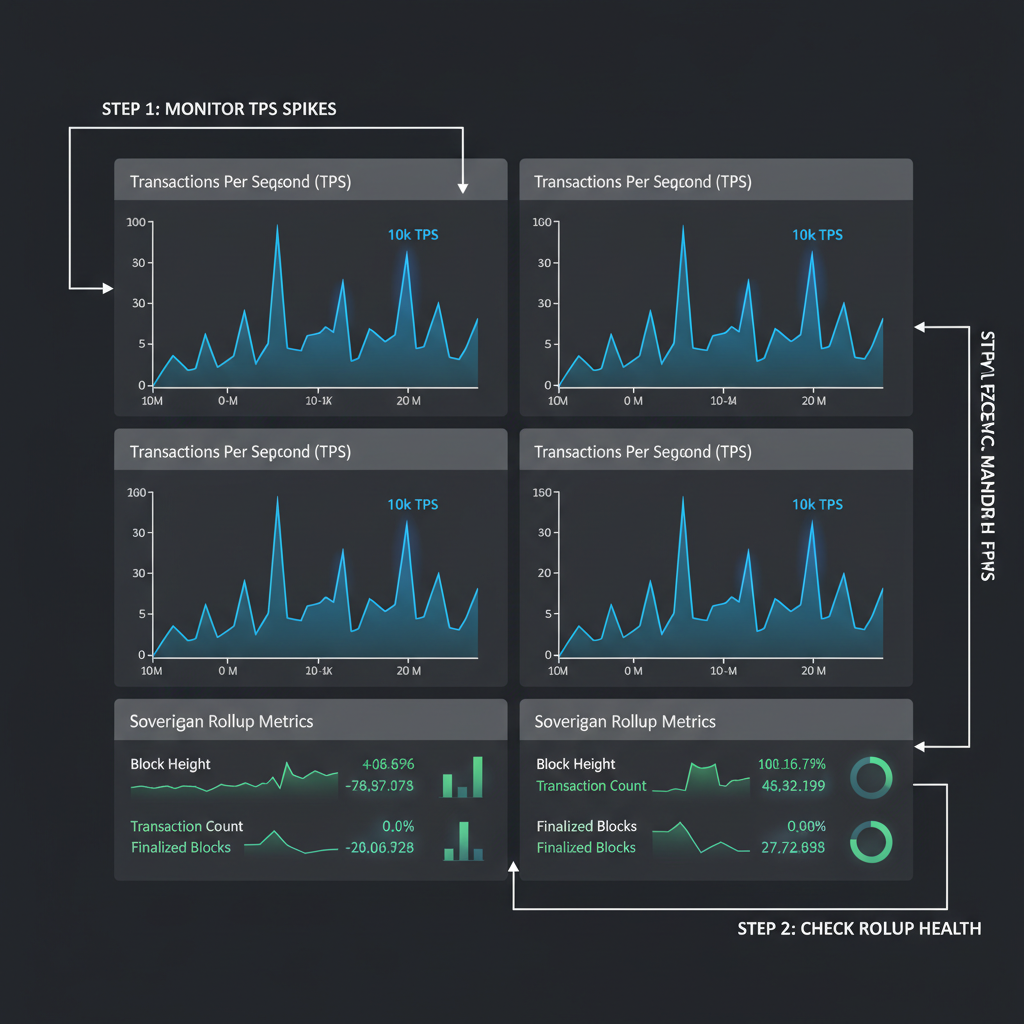 grafana dashboard showing 10k TPS graphs spiking, sovereign rollup metrics glowing green, data visualization