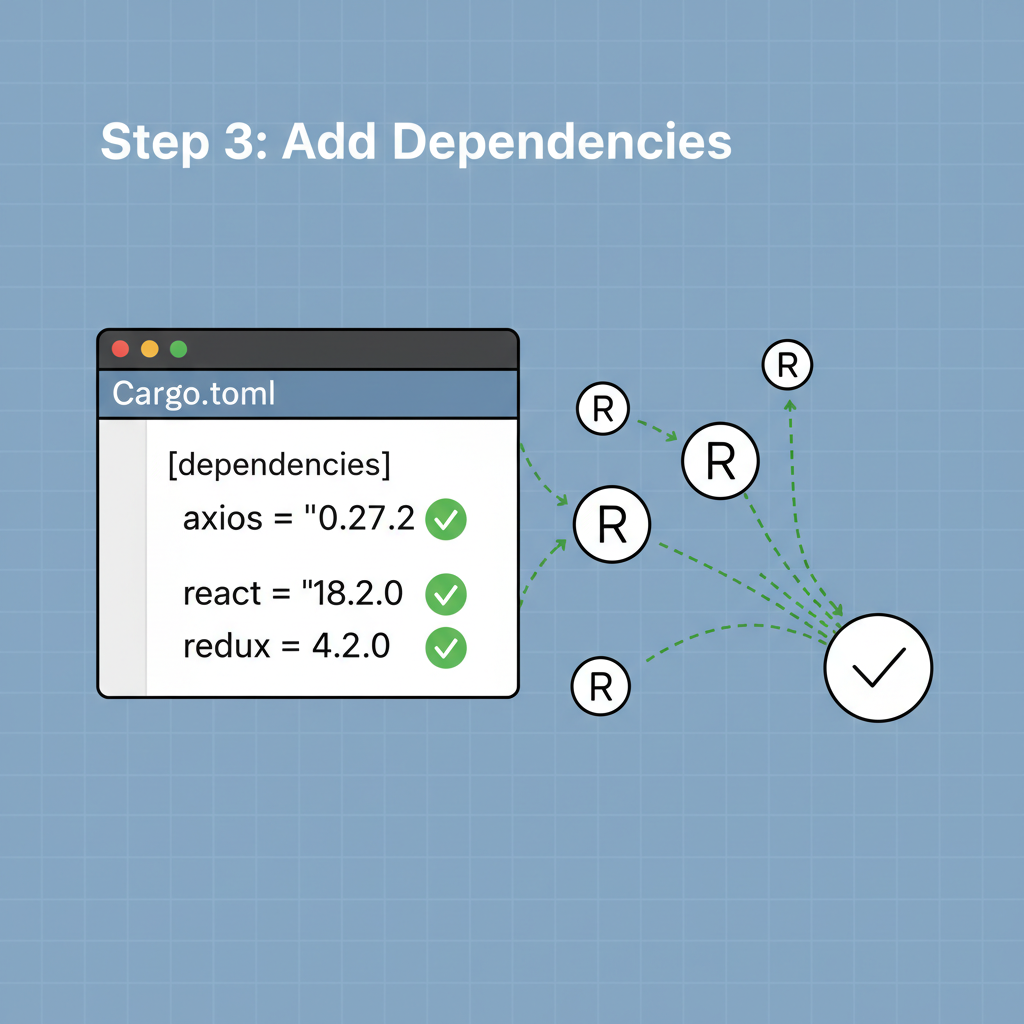 cargo.toml file open in terminal, adding dependencies with green success checks, rollup icons connecting