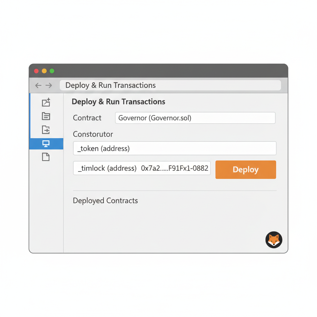 Remix deploy and run tab filling Governor constructor with token address, MetaMask popup