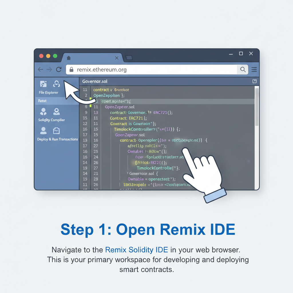 Remix Solidity editor with OpenZeppelin Governor contract code, glowing syntax highlight