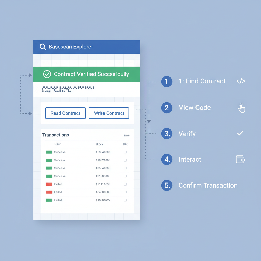 Basescan explorer contract page with verification success, transaction list