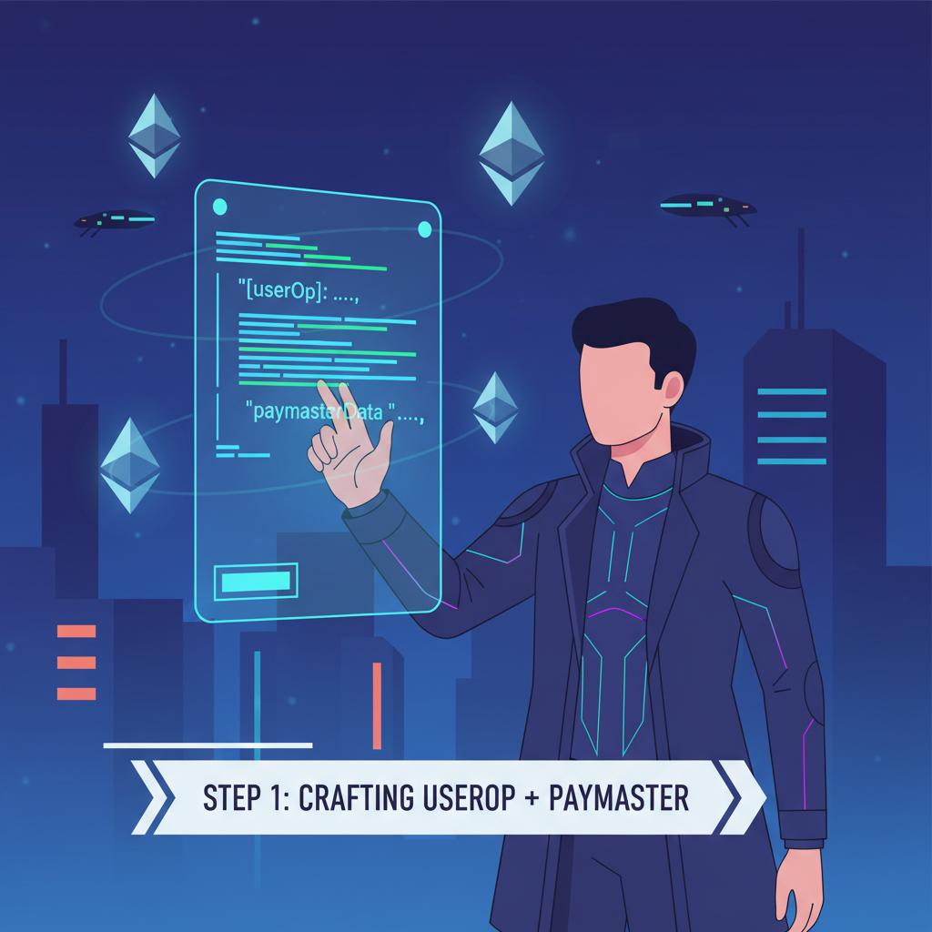 holographic code crafting userop json with paymaster data, ethereum symbols floating, cyberpunk style