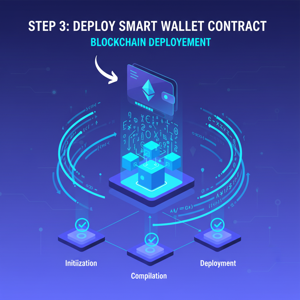 futuristic ethereum smart wallet deployment, blockchain contract glowing neon blue, dynamic code animation