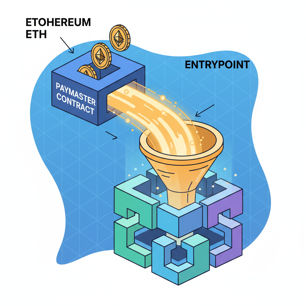 ethereum eth coins depositing into paymaster contract, golden flow to entrypoint, vibrant blockchain vault