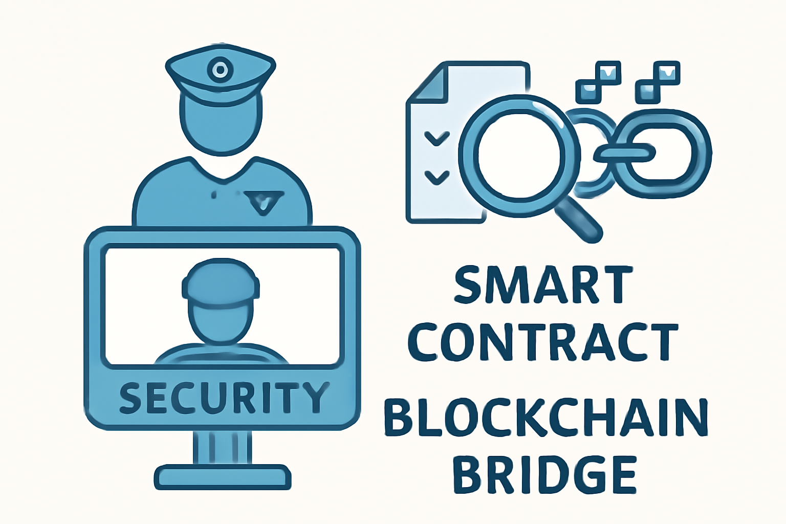 security scanner analyzing smart contracts and blockchain bridges with magnifying glass