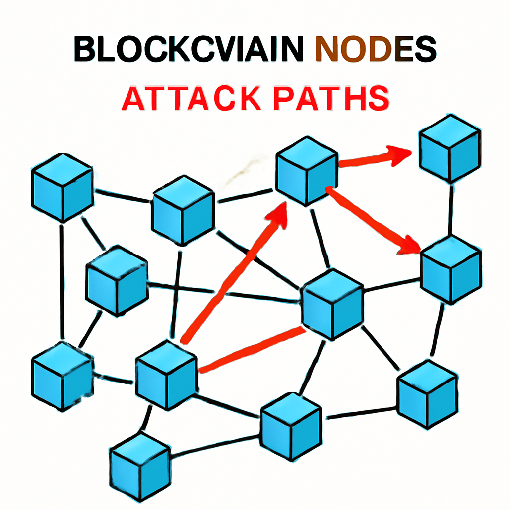visualization of interconnected blockchain nodes with highlighted attack paths