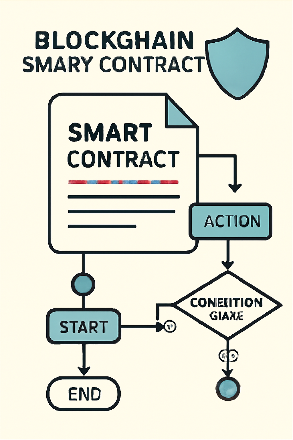 blockchain smart contract with shield icon and business logic flowchart