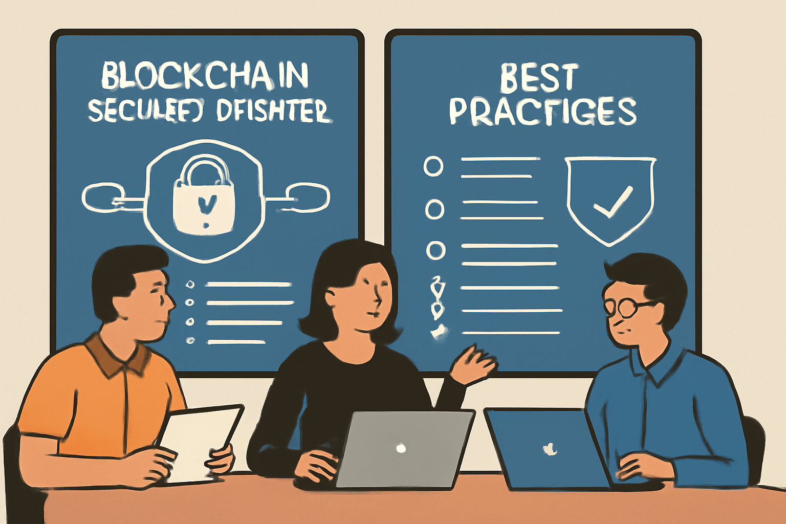 team of developers reviewing blockchain security updates and best practices on digital screens