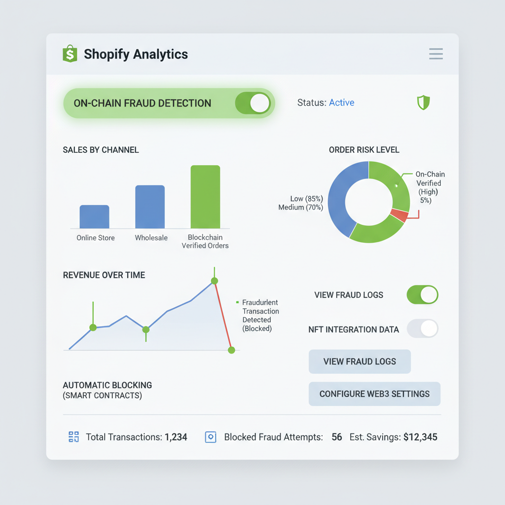 Shopify analytics dashboard with on-chain fraud detection activated, charts and toggles visible