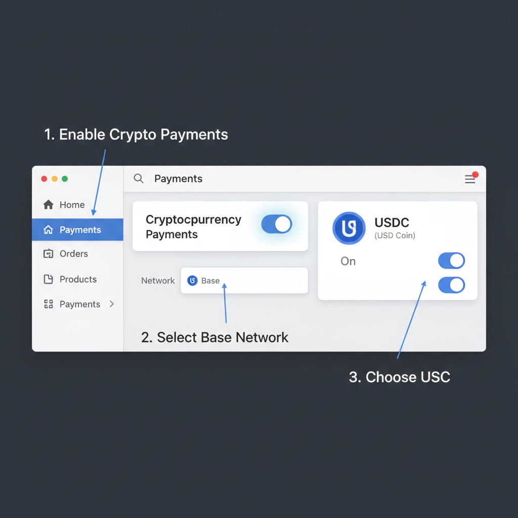 Clean Shopify Payments dashboard screenshot, USDC toggle enabled on Base network, professional UI highlights