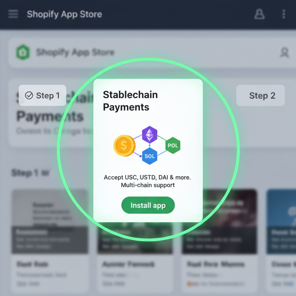Shopify App Store page installing stablecoin plugin, app card highlighted with multi-chain icons