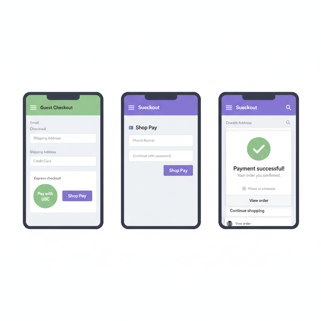 Shopify checkout screen testing USDC payment via guest and Shop Pay, success confirmation popup
