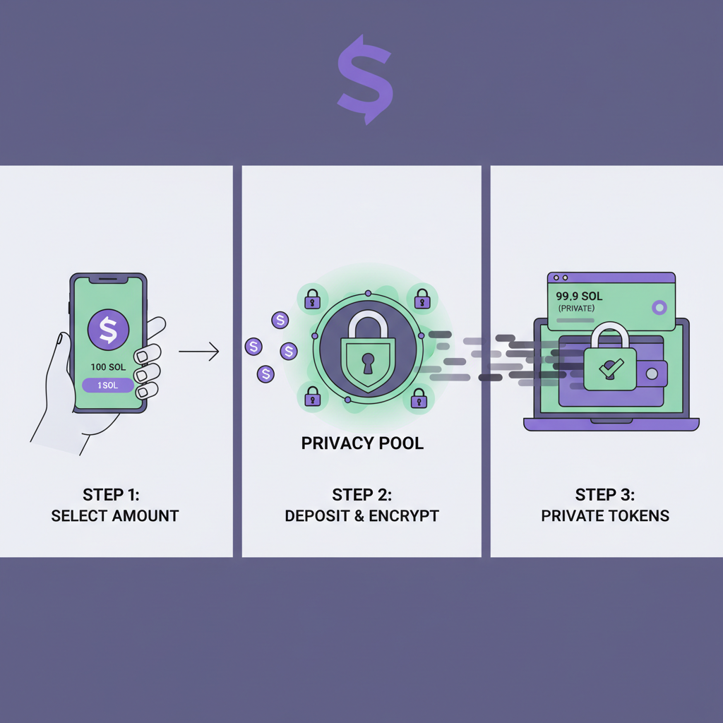 user depositing solana tokens into privacy pool interface, animated flow, secure lock icons, solana logo