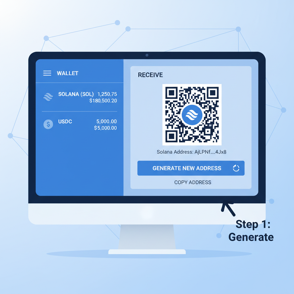 clean solana wallet interface on desktop, showing token balance and new address generation, modern UI, blue tones