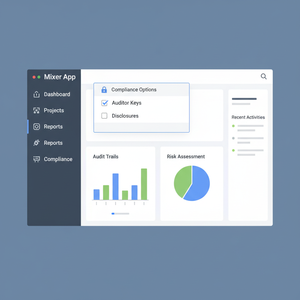 compliance options dropdown in mixer app, checkboxes for auditor keys and disclosures, professional dashboard