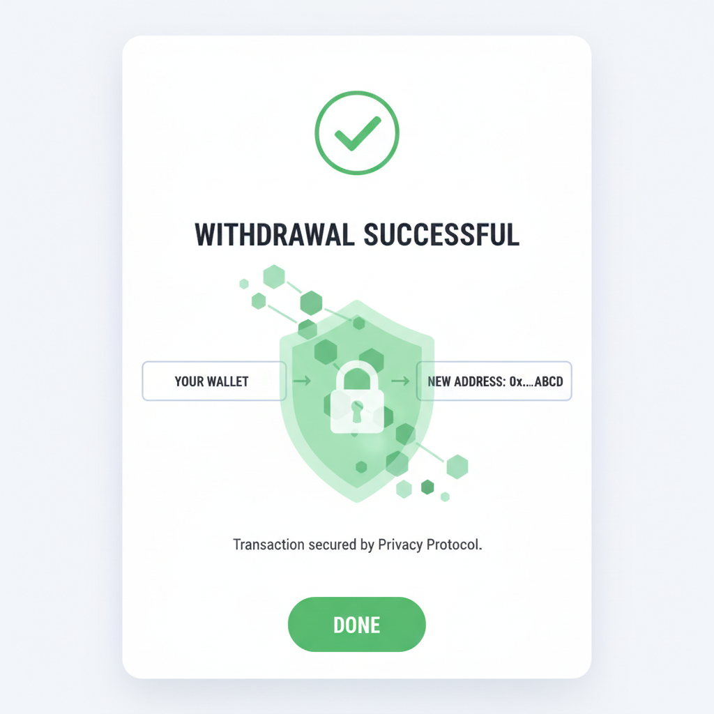 withdrawal confirmation screen, tokens flowing to new wallet address, privacy shield overlay, green success