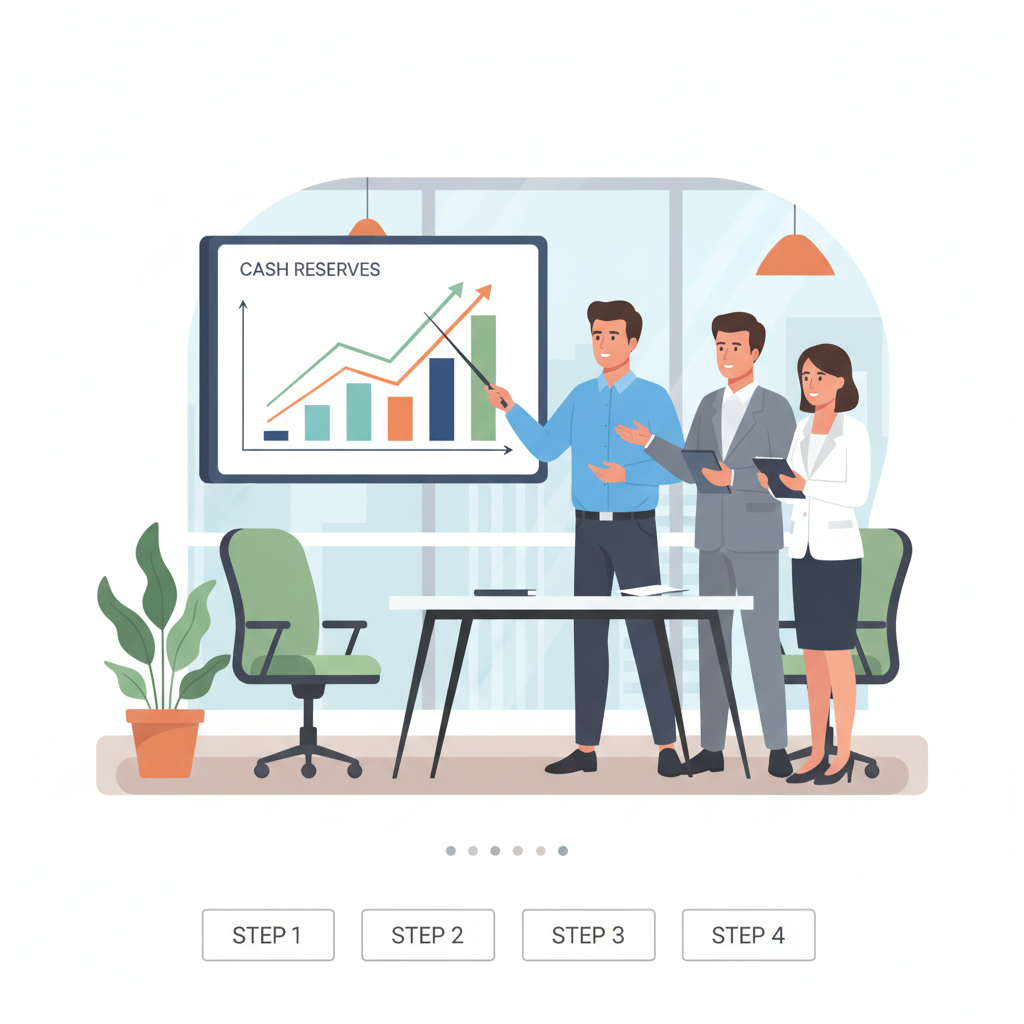 professional finance team reviewing cash reserve charts in modern office