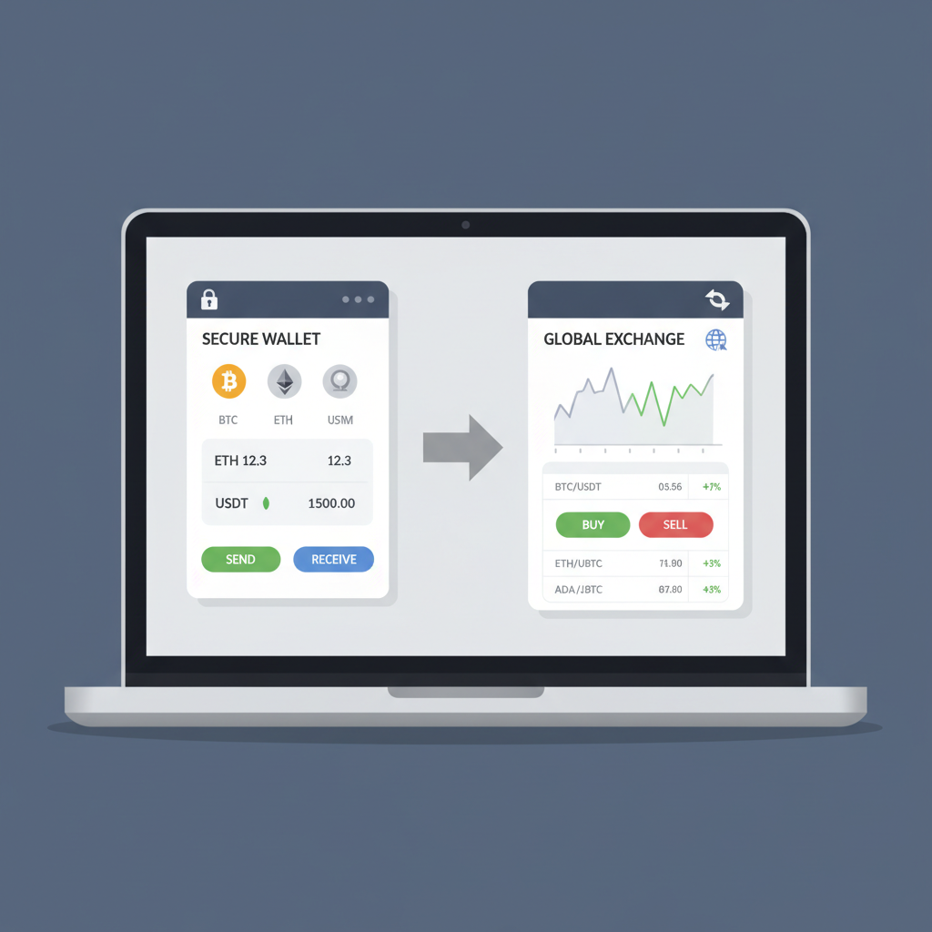 secure crypto wallet and exchange interfaces on laptop screen