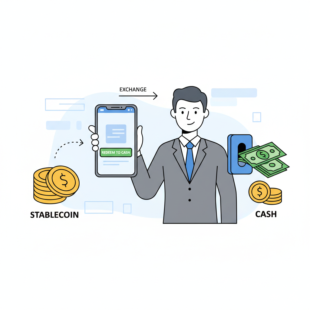 business professional redeeming stablecoins to cash on exchange app