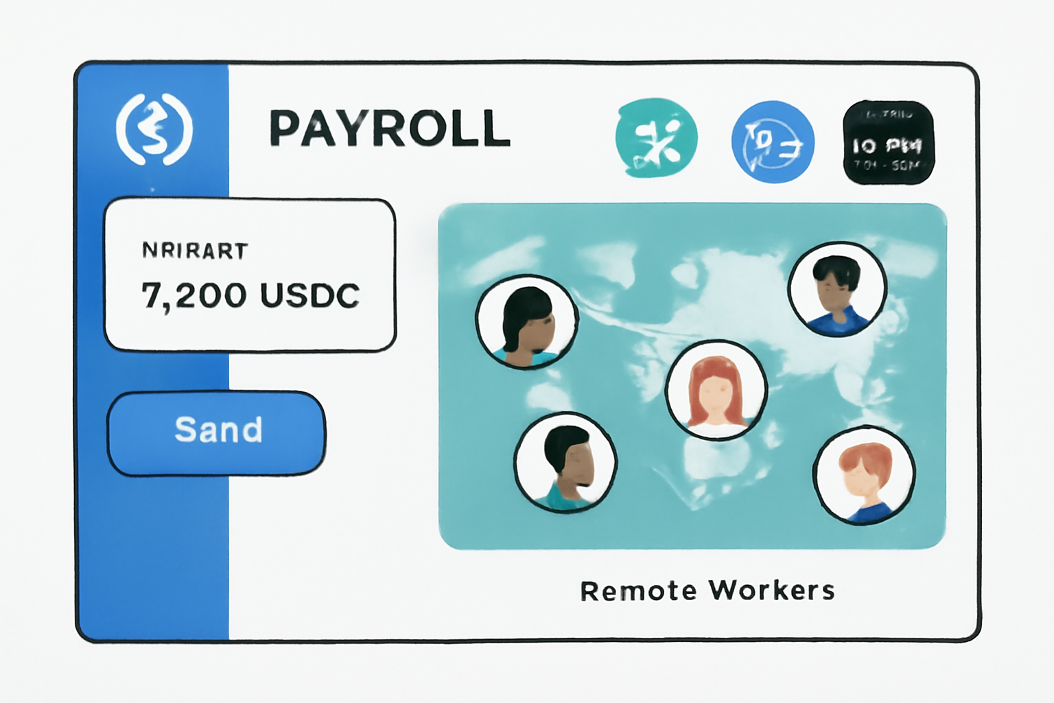A dashboard of a payroll platform with USDC logo, compliance badges, and a global map highlighting remote workers.