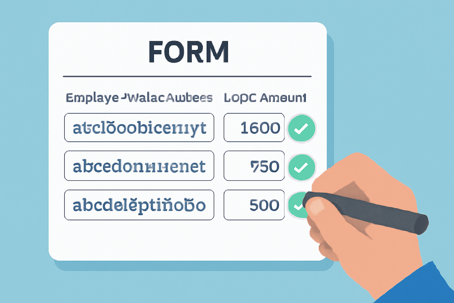 A digital form being filled out with employee wallet addresses and USDC amounts, overlaid with compliance checkmarks.