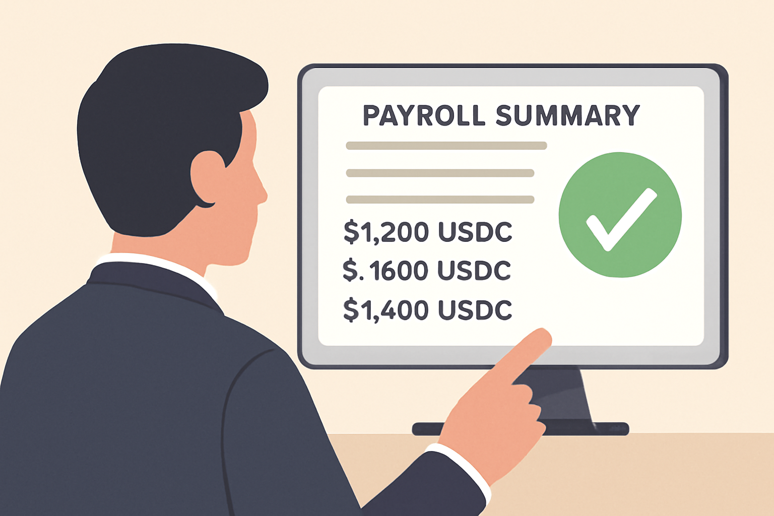 A businessperson reviewing a payroll summary on screen, with USDC amounts and a green approval checkmark.
