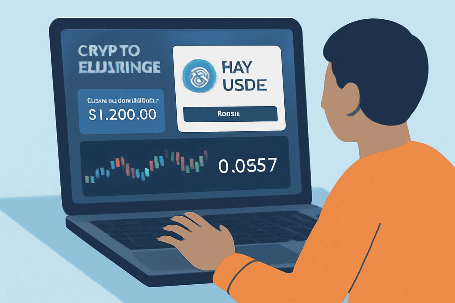 A person using a laptop to buy USDC on a modern crypto exchange interface, showing a wallet balance and a price chart at $0.0357.