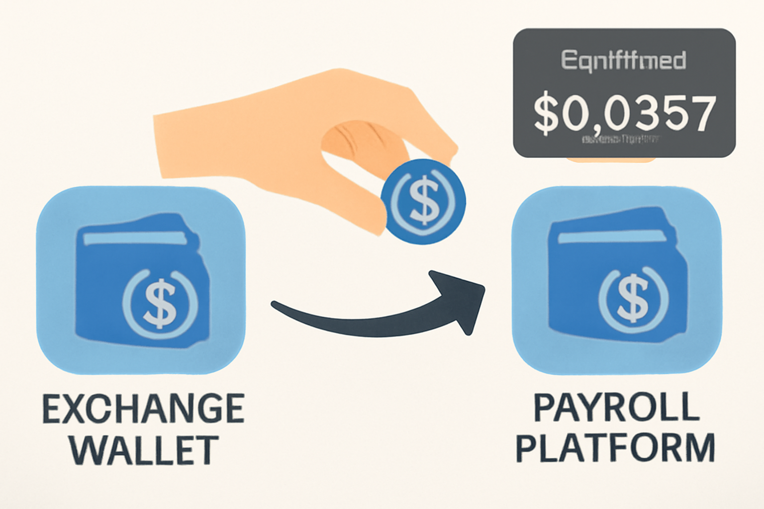 A hand transferring USDC from an exchange wallet to a payroll platform wallet, with a digital confirmation at $0.0357.