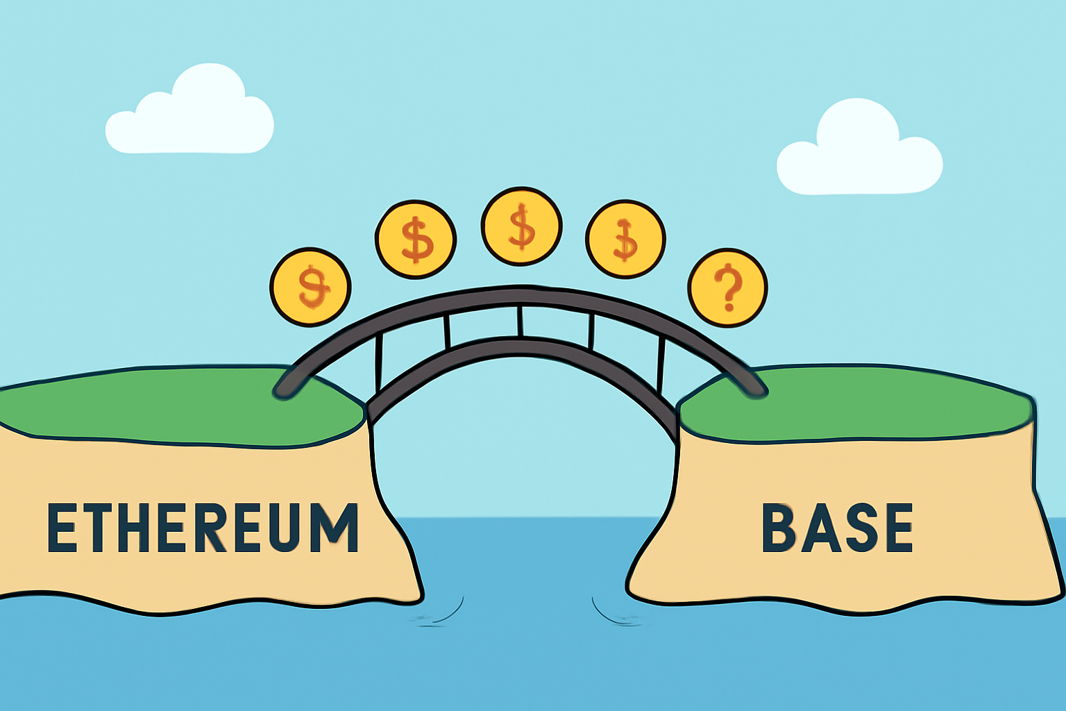 an animated bridge connecting two islands labeled Ethereum and Base, with ETH coins moving across