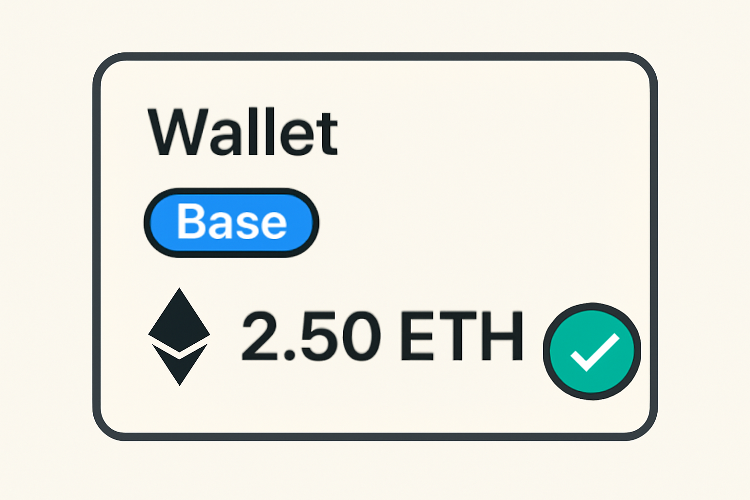a wallet interface showing ETH balance on Base network, with a green checkmark
