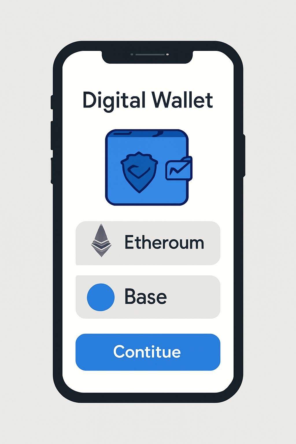 a digital wallet app interface on a smartphone, with Ethereum and Base network logos, modern and secure design