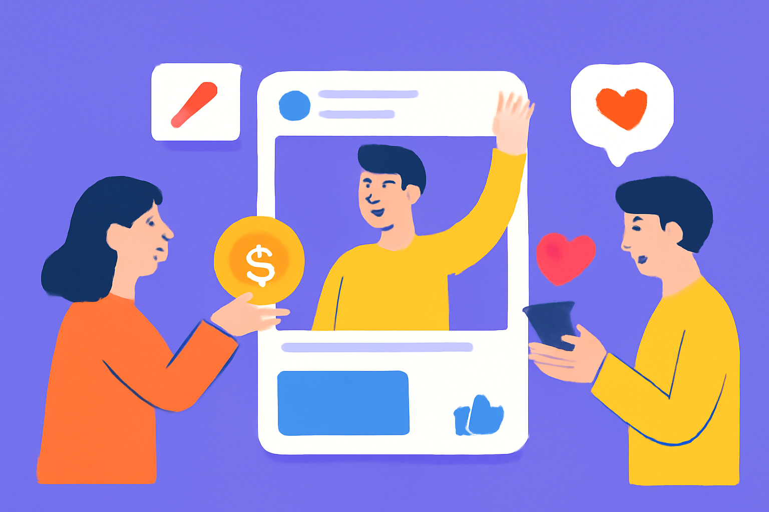 users interacting on a vibrant social platform, sending tokens, posting, and liking content