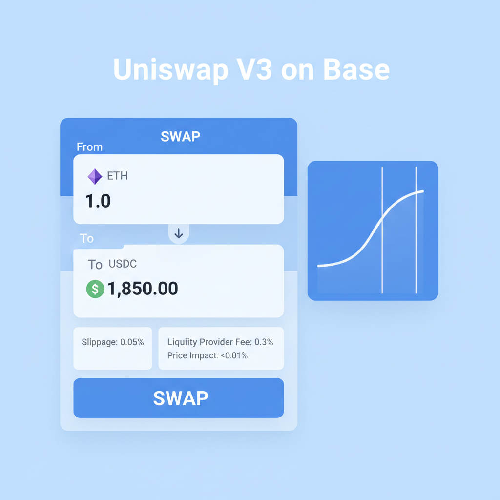 Uniswap V3 on Base swapping ETH to USDC, DeFi interface --ar 16:9